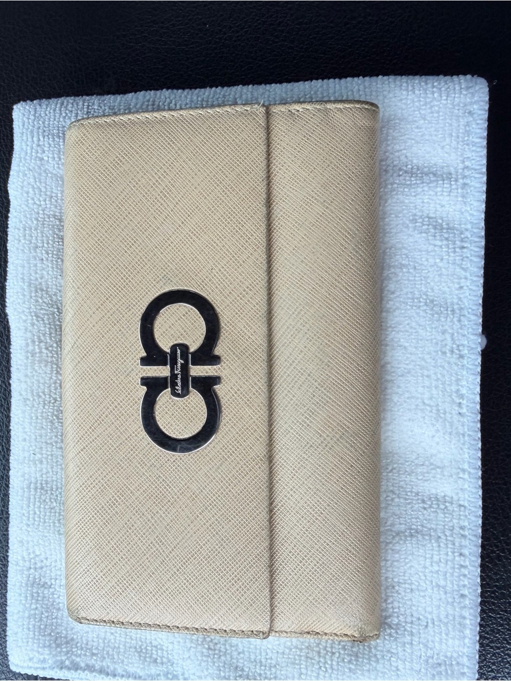 Authentic Salvatore Ferragamo Beige Saffiano Leather Wallet with Gancini Emblem
